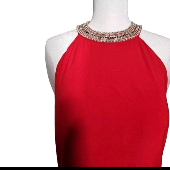 IEENA for Mac Duggal Women's Red Halter Beaded Jersey Evening Gown Size 12 - Picture 8 of 16